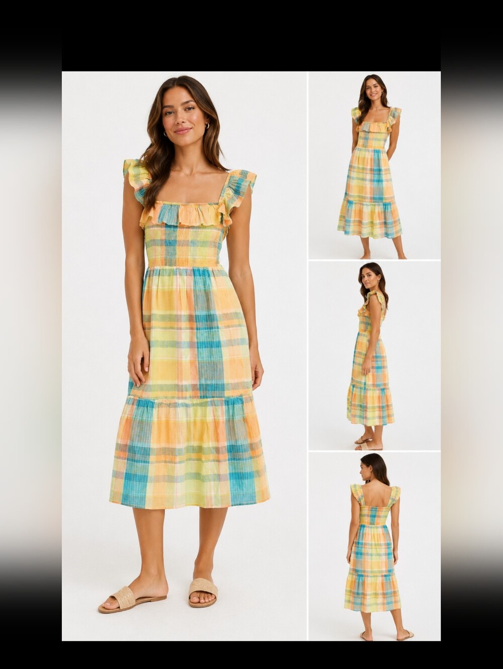 Vineyard Vines Plaid Lemon Tart Smocked Linen Ruffle Midi Dress Large NWT $228